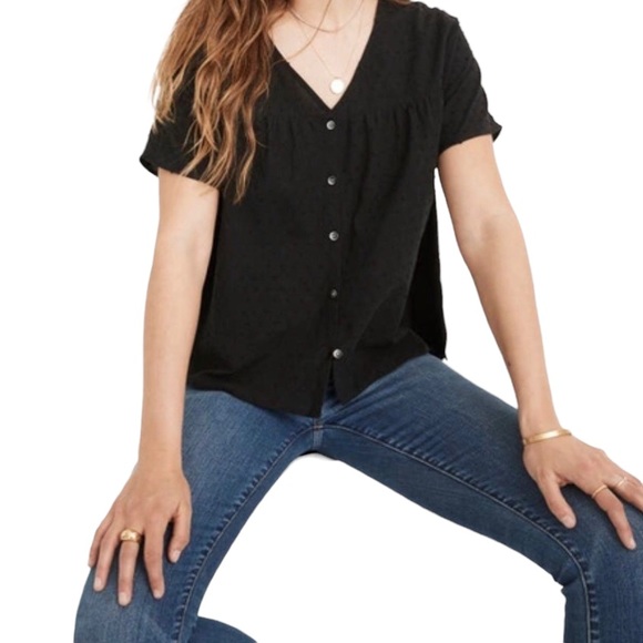 Madewell Tops - Madewell Swiss Dot V Neck Blouse Black Size Large Button Front Short Sleeve